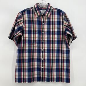Vintage Blue Plaid Western Short Sleeve Button Up Shirt Single Needle Boxy Fit